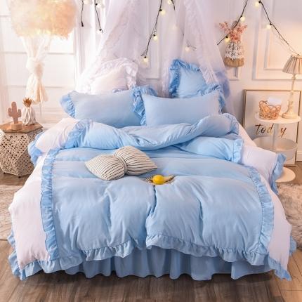 91家纺网 家纺一手货源 找家纺 2023新款韩式公主风水洗棉单层荷叶边拼色陌上花开系列 柔蓝