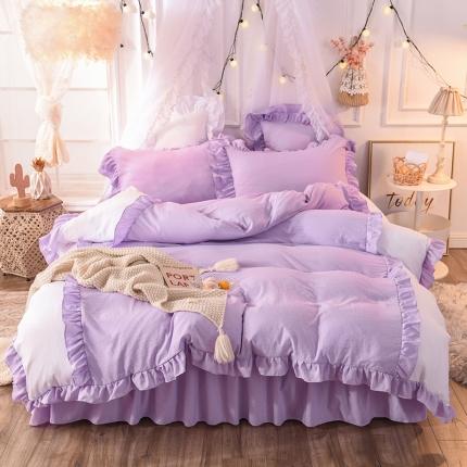 91家纺网 家纺一手货源 找家纺 2023新款韩式公主风水洗棉单层荷叶边拼色陌上花开系列 紫色