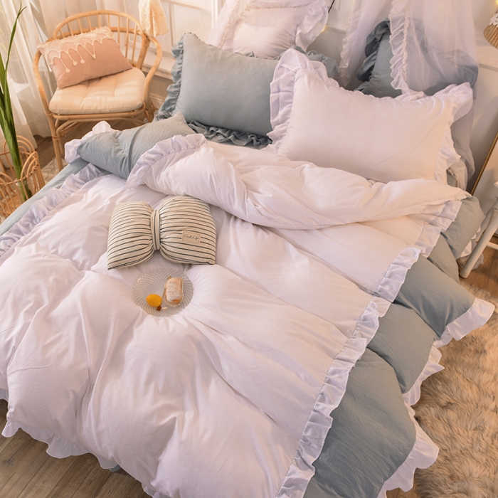 91家纺网 家纺一手货源 找家纺 2023新款韩式公主风水洗棉单层荷叶边拼色陌上花开系列白＋灰