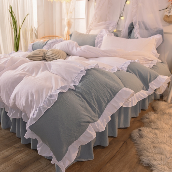 91家纺网 家纺一手货源 找家纺 2023新款韩式公主风水洗棉单层荷叶边拼色陌上花开系列白＋灰