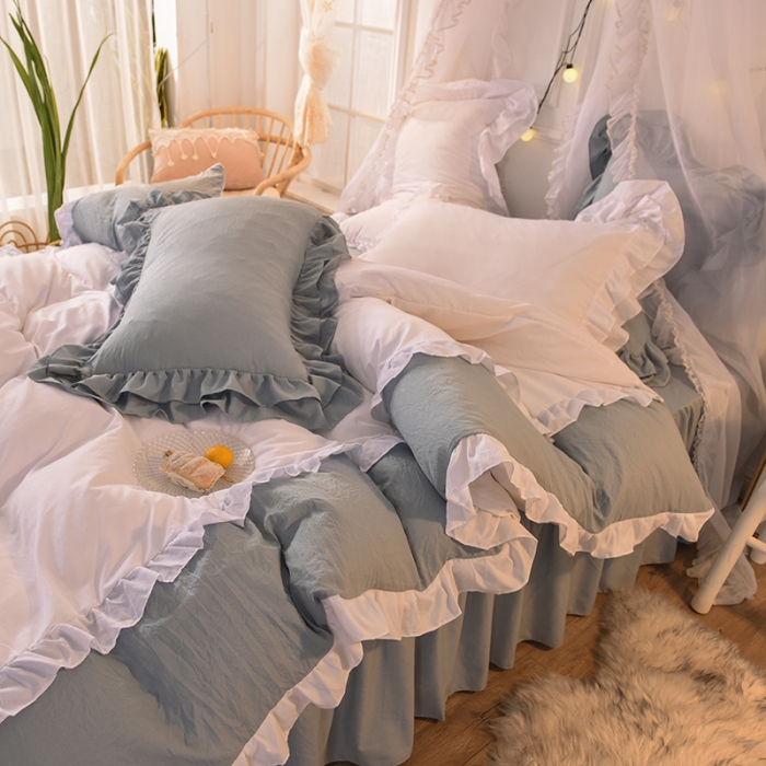 91家纺网 家纺一手货源 找家纺 2023新款韩式公主风水洗棉单层荷叶边拼色陌上花开系列白＋灰