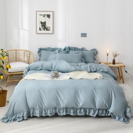 91家纺网 家纺一手货源 找家纺 2023新款韩式公主风水洗棉双层荷叶边花影系列四件套 豆绿色