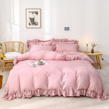 91家纺网 家纺一手货源 找家纺 2023新款韩式公主风水洗棉双层荷叶边花影系列四件套 裸粉色