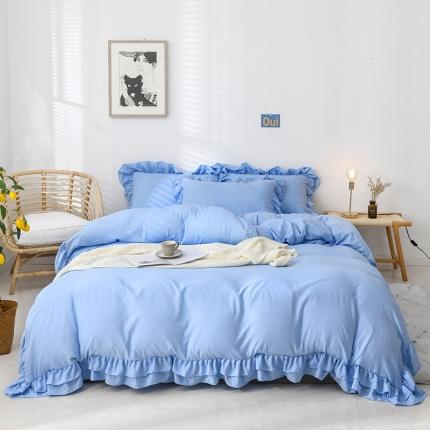 91家纺网 家纺一手货源 找家纺 2023新款韩式公主风水洗棉双层荷叶边花影系列四件套 柔蓝色