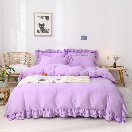 91家纺网 家纺一手货源 找家纺 2023新款韩式公主风水洗棉双层荷叶边花影系列四件套 紫色