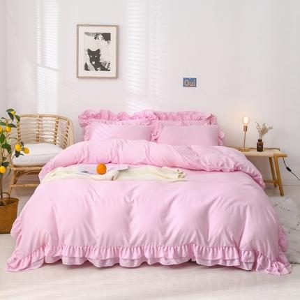 91家纺网 家纺一手货源 找家纺 2023新款韩式公主风水洗棉双层荷叶边花影系列四件套 粉色