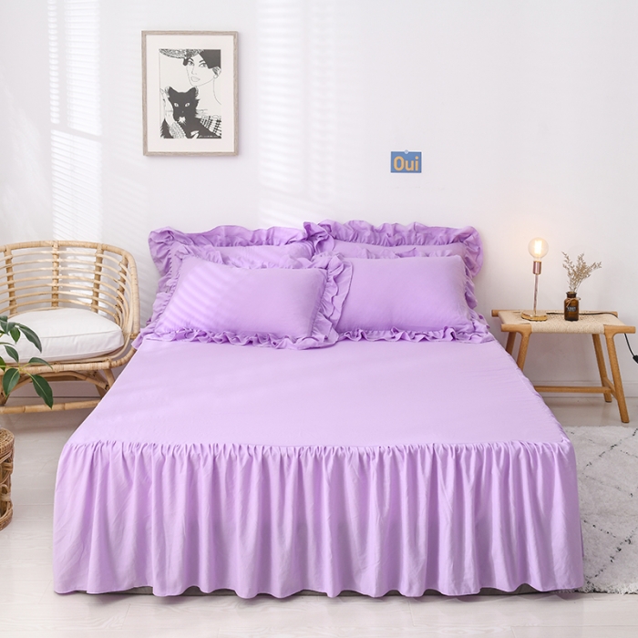 91家纺网 家纺一手货源 找家纺 2023新款水洗棉磨毛韩式单层床裙 紫色