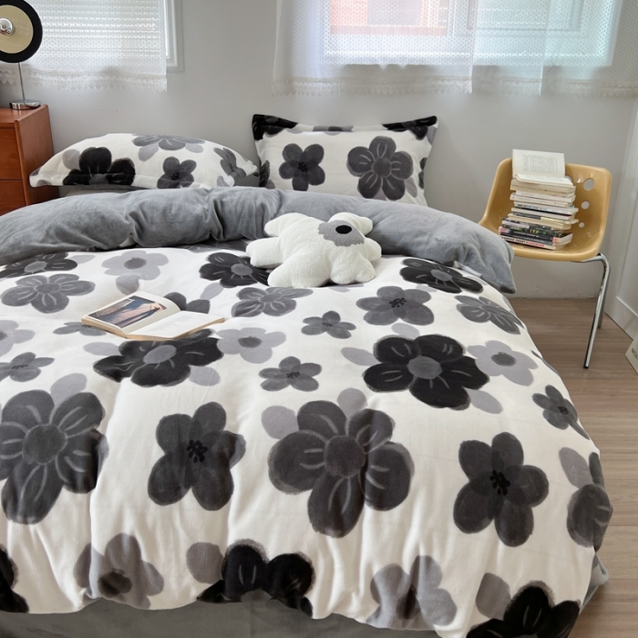 91家纺网 家纺一手货源 找家纺 柚子 2022款花卉系列230克韩系高端牛奶绒四件套 水墨花