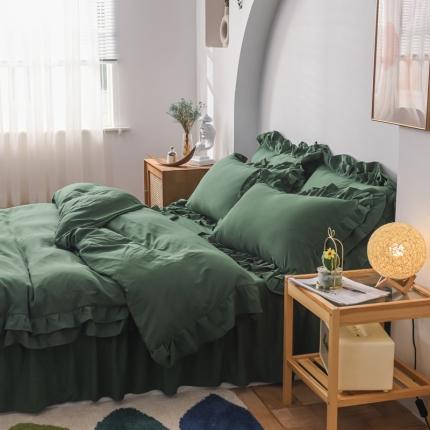 2023新款韩式公主风水洗棉双层荷叶边花影系列四件套 墨绿色