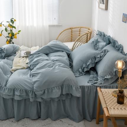 2023新款韩式公主风水洗棉双层荷叶边花影系列四件套 豆绿色