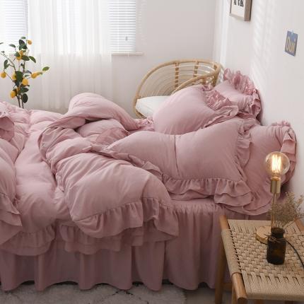 2023新款韩式公主风水洗棉双层荷叶边花影系列四件套 裸粉色