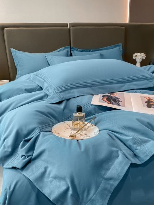 91家纺网 家纺一手货源 找家纺 安妮2022新款轻奢赫本加厚全棉磨毛四件套 赫本星空蓝