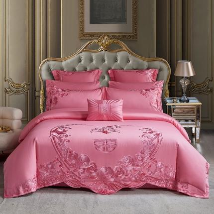 91家纺网 家纺一手货源 找家纺 红番天新款全棉提花贡缎澳棉提花中式精美苏绣多件套富贵吉祥-粉