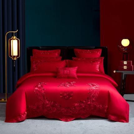 91家纺网 家纺一手货源 找家纺 红番天新款全棉提花贡缎澳棉提花中式精美苏绣多件套富贵吉祥-红