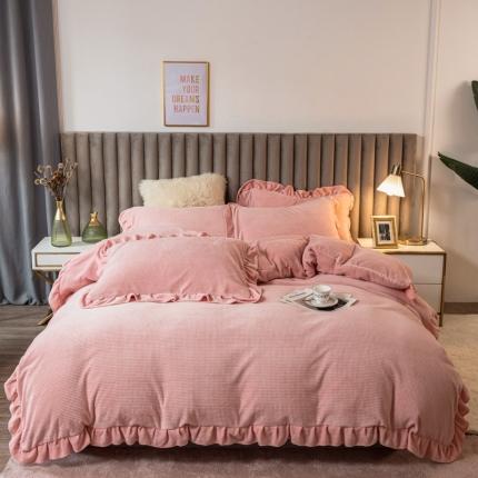 91家纺网 家纺一手货源 找家纺 （总）印季家纺 2024新款华夫格牛奶绒花边四件套