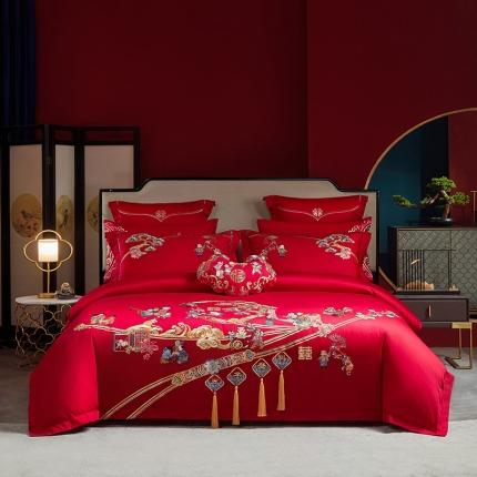 91家纺网 家纺一手货源 找家纺 红番天 热卖款长绒棉精美中式苏绣婚庆四件套多件套 五子登科