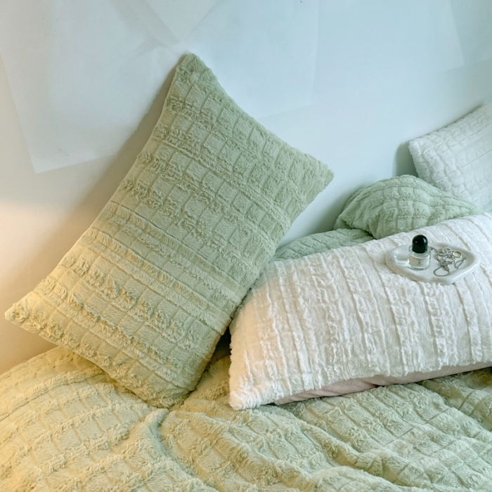 91家纺网 家纺一手货源 找家纺 满座直播爆款高端9斤320克A类獭兔毛绒立体剪花纯色牛奶绒四件套清新绿