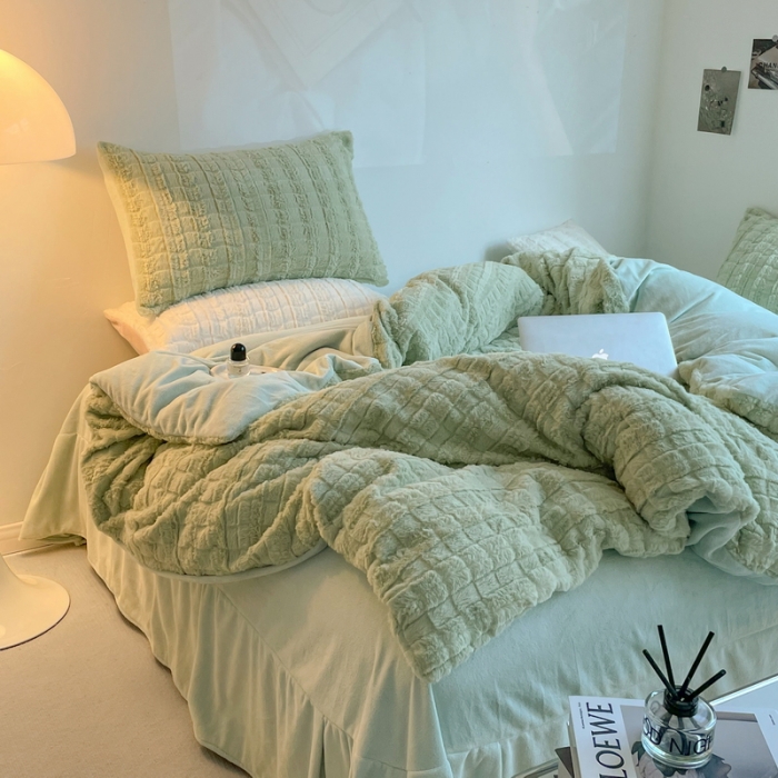 91家纺网 家纺一手货源 找家纺 满座直播爆款高端9斤320克A类獭兔毛绒立体剪花纯色牛奶绒四件套清新绿