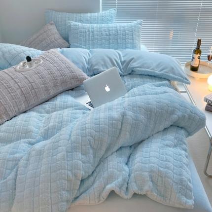 满座直播爆款高端9斤320克A类獭兔毛绒立体剪花纯色牛奶绒四件套天空蓝