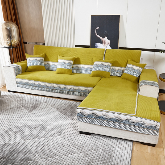 91家纺网 家纺一手货源 找家纺 千逸虹 2024新款加厚柔软防滑金粒绒沙发垫 黄色