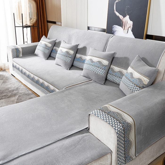 91家纺网 家纺一手货源 找家纺 千逸虹 2024新款加厚柔软防滑金粒绒沙发垫 浅灰