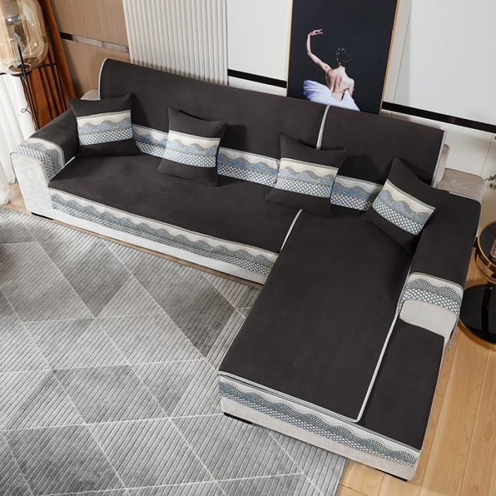 91家纺网 家纺一手货源 找家纺 千逸虹 2024新款加厚柔软防滑金粒绒沙发垫 深黑