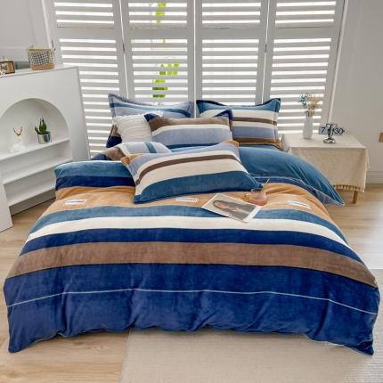 91家纺网 家纺一手货源 找家纺 铭浩家纺 2025新款牛奶绒印花四件套 布鲁条纹