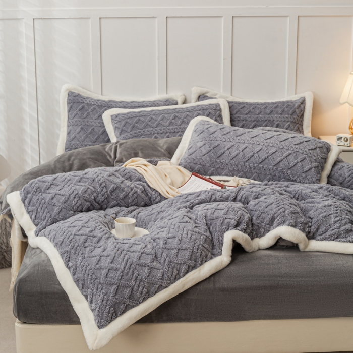 91家纺网 家纺一手货源 找家纺 潮邦2025【含买家秀】塔芙绒牛奶绒轻奢保暖四件套 塔芙蓝灰