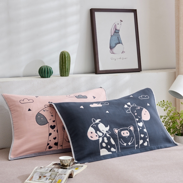 91家纺网 家纺一手货源 找家纺 朴尔 2022新款全棉四层纱布大版花独版枕巾（一对） 萌宠三兄弟（50*80）