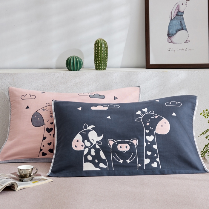 91家纺网 家纺一手货源 找家纺 朴尔 2022新款全棉四层纱布大版花独版枕巾（一对） 萌宠三兄弟（50*80）