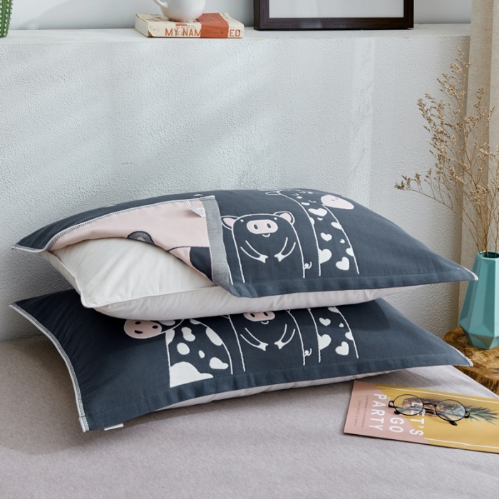 91家纺网 家纺一手货源 找家纺 朴尔 2022新款全棉四层纱布大版花独版枕巾（一对） 萌宠三兄弟（50*80）