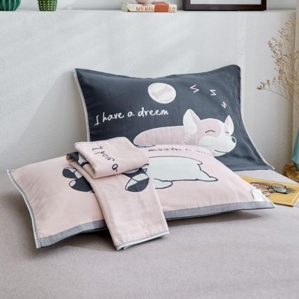 朴尔 2022新款全棉四层纱布大版花独版枕巾（一对） 梦想狗狗（50*80）