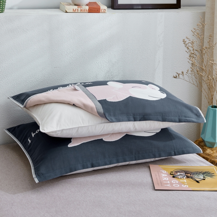 91家纺网 家纺一手货源 找家纺 朴尔 2022新款全棉四层纱布大版花独版枕巾（一对） 梦想狗狗（50*80）