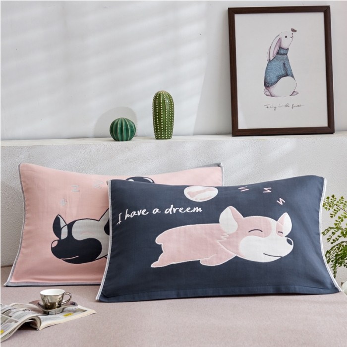 91家纺网 家纺一手货源 找家纺 朴尔 2022新款全棉四层纱布大版花独版枕巾（一对） 梦想狗狗（50*80）