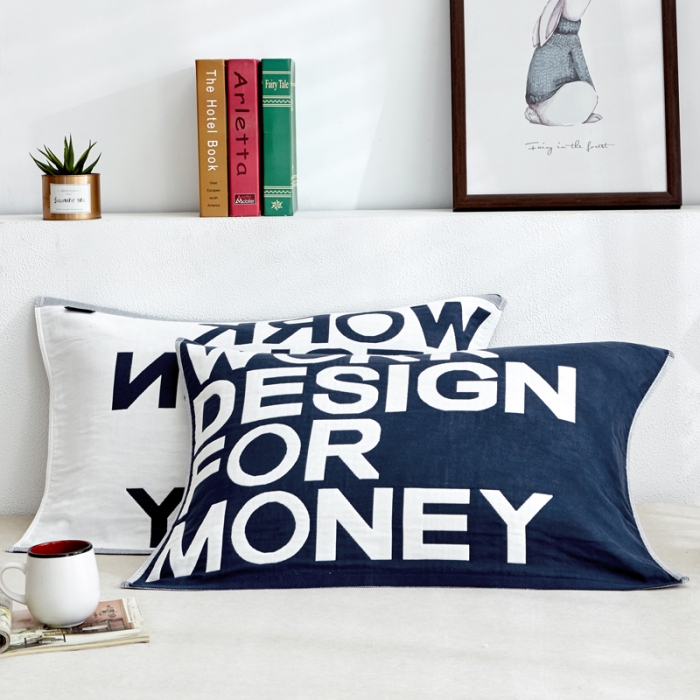 91家纺网 家纺一手货源 找家纺 朴尔 2022新款全棉四层纱布大版花独版枕巾（一对） 努力工作-藏青（50*80）