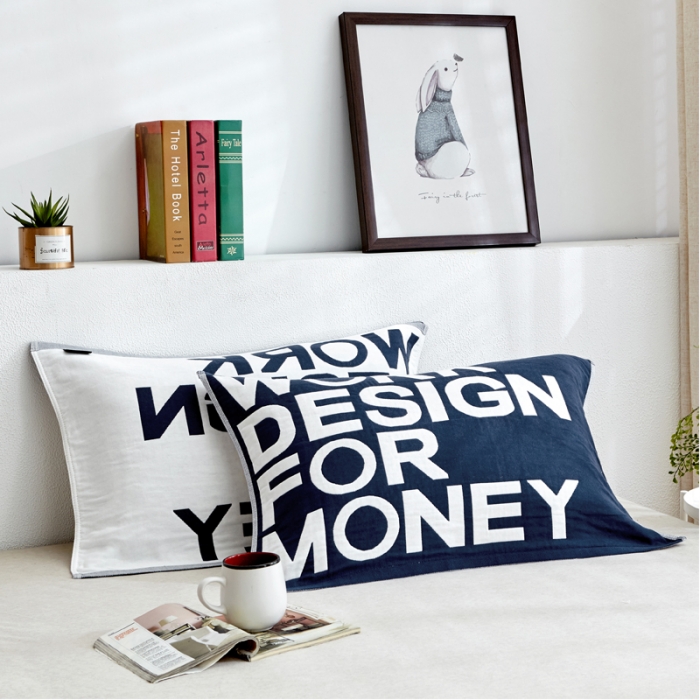 91家纺网 家纺一手货源 找家纺 朴尔 2022新款全棉四层纱布大版花独版枕巾（一对） 努力工作-藏青（50*80）