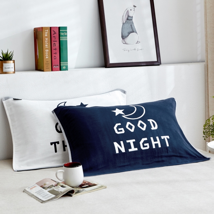 91家纺网 家纺一手货源 找家纺 朴尔 2022新款全棉四层纱布大版花独版枕巾（一对） 晚安先生-藏青（50*80）