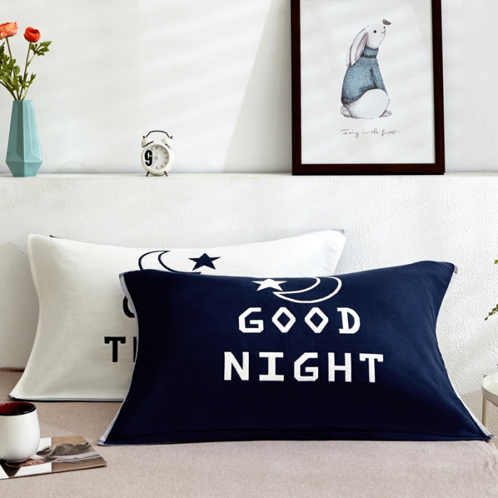 91家纺网 家纺一手货源 找家纺 朴尔 2022新款全棉四层纱布大版花独版枕巾（一对） 晚安先生-藏青（50*80）