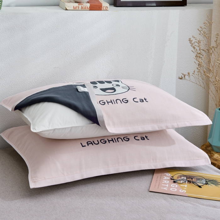91家纺网 家纺一手货源 找家纺 朴尔 2022新款全棉四层纱布大版花独版枕巾（一对） 微笑猫咪（50*80）