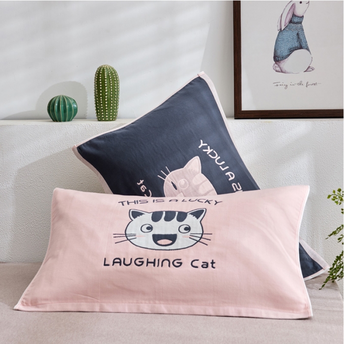 91家纺网 家纺一手货源 找家纺 朴尔 2022新款全棉四层纱布大版花独版枕巾（一对） 微笑猫咪（50*80）