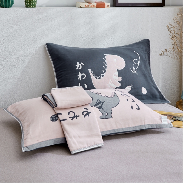 91家纺网 家纺一手货源 找家纺 朴尔 2022新款全棉四层纱布大版花独版枕巾（一对） 嬉戏恐龙（50*80）