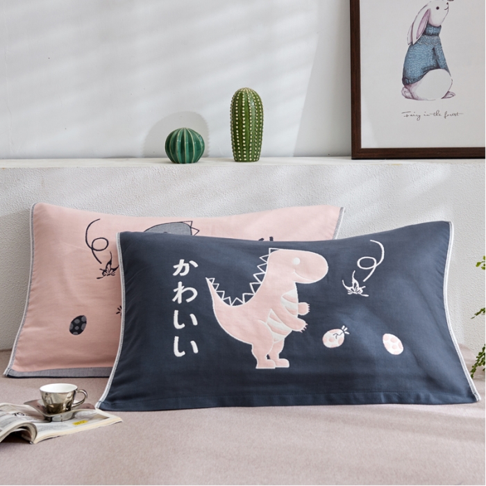 91家纺网 家纺一手货源 找家纺 朴尔 2022新款全棉四层纱布大版花独版枕巾（一对） 嬉戏恐龙（50*80）