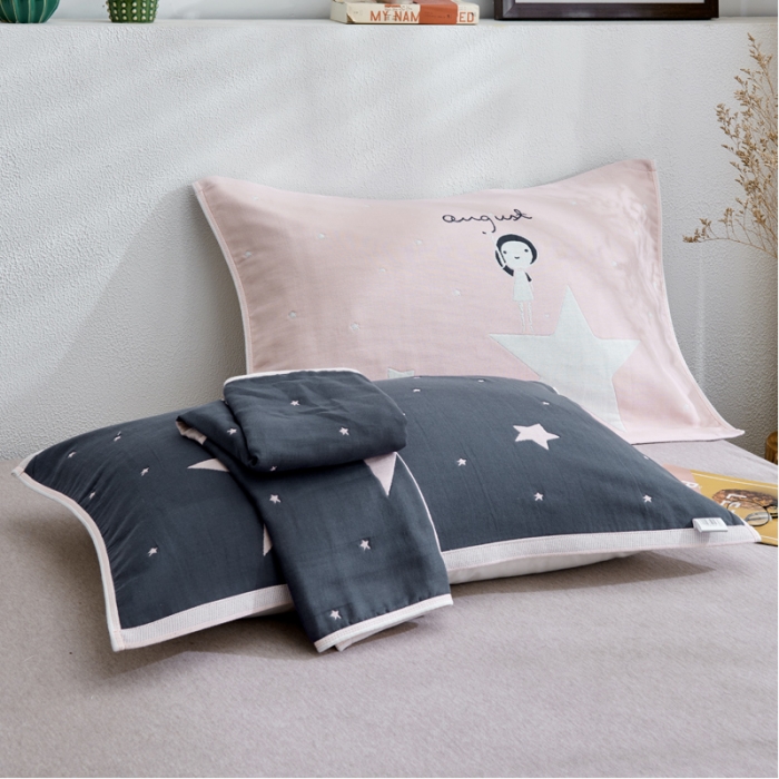 91家纺网 家纺一手货源 找家纺 朴尔 2022新款全棉四层纱布大版花独版枕巾（一对） 摘星星的女孩（50*80）