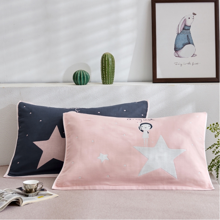 91家纺网 家纺一手货源 找家纺 朴尔 2022新款全棉四层纱布大版花独版枕巾（一对） 摘星星的女孩（50*80）