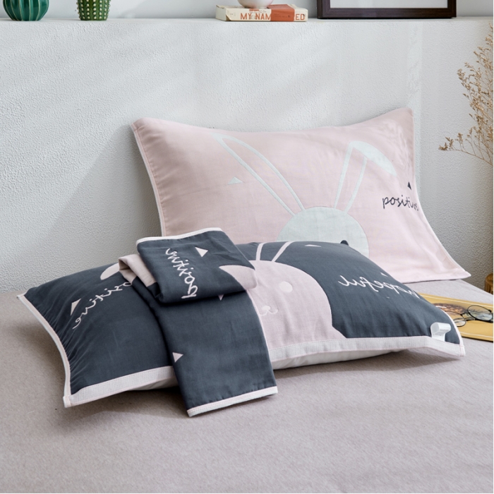 91家纺网 家纺一手货源 找家纺 朴尔 2022新款全棉四层纱布大版花独版枕巾（一对） 长耳兔（50*80）