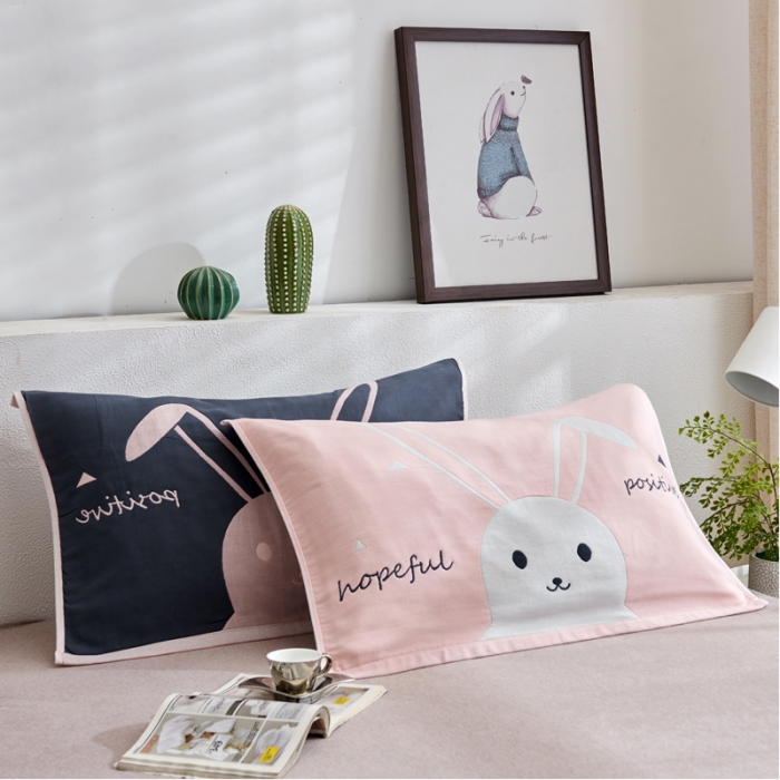 91家纺网 家纺一手货源 找家纺 朴尔 2022新款全棉四层纱布大版花独版枕巾（一对） 长耳兔（50*80）