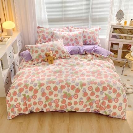 91家纺网 家纺一手货源 找家纺 百寐22印花抗静电加厚保暖牛奶绒床单床笠四件套8斤直播草莓园