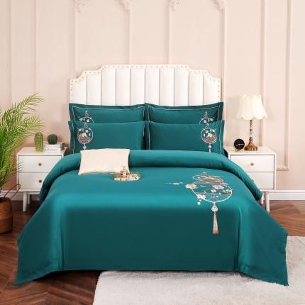 91家纺网 家纺一手货源 找家纺 浩情国际新中式100支全棉高端刺绣四件套 福禄之家-湖蓝