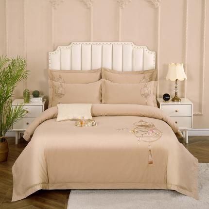 91家纺网 家纺一手货源 找家纺 浩情国际新中式100支全棉高端刺绣四件套 福禄之家-卡其杏