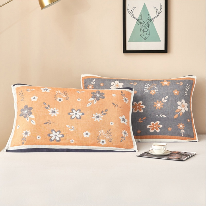 91家纺网 家纺一手货源 找家纺 朴尔 2022新款全棉四层纱布休闲枕巾（一对） 纷飞花雨-黄（53*78）